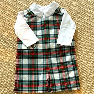 Boys plaid Beaufort Bonnet Jon Jon / overall with collared white shirt, size 3T.